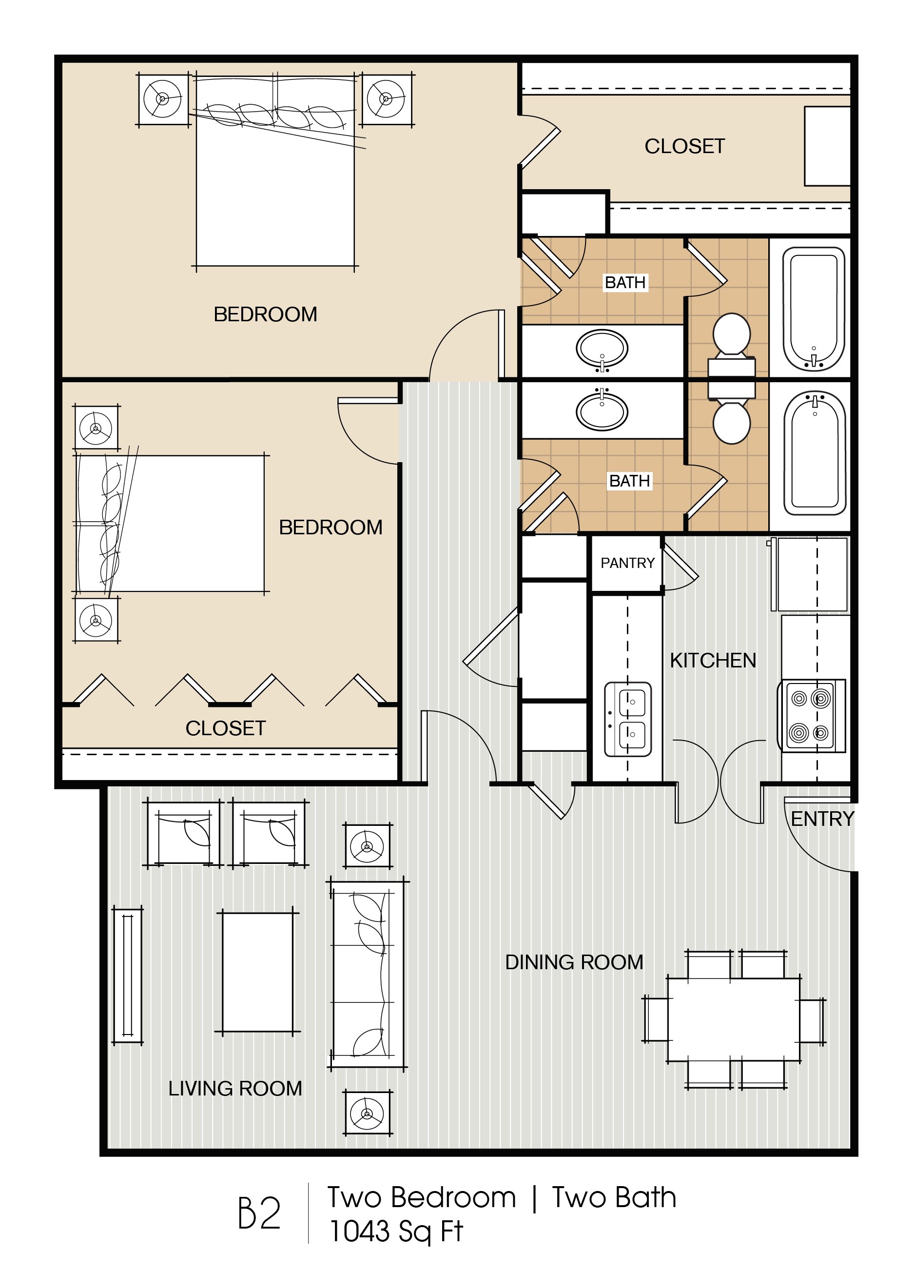 2 bed \/ 2 bath floorplan layout