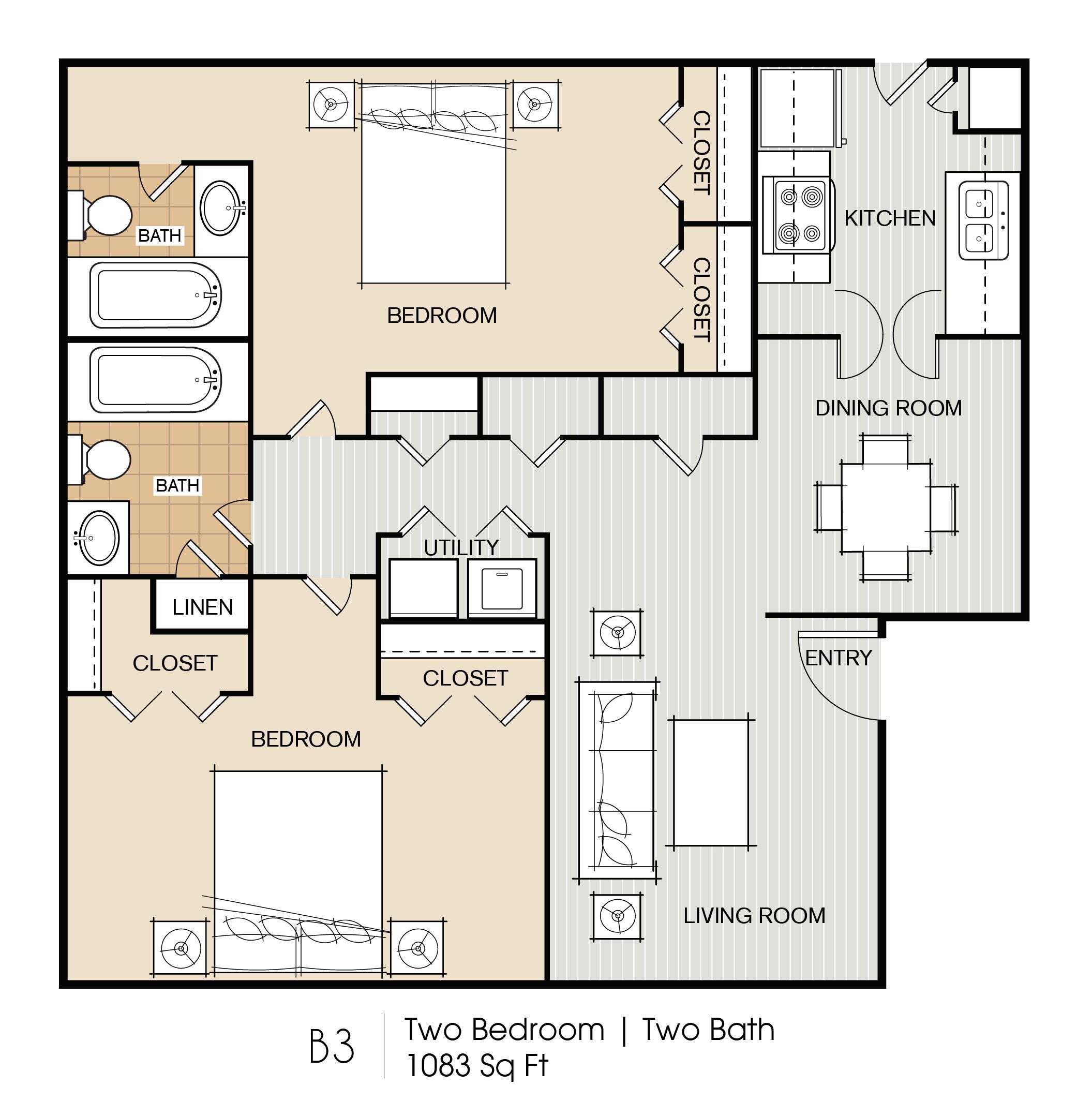 2 bed \/ 2 Bath floorplan layout