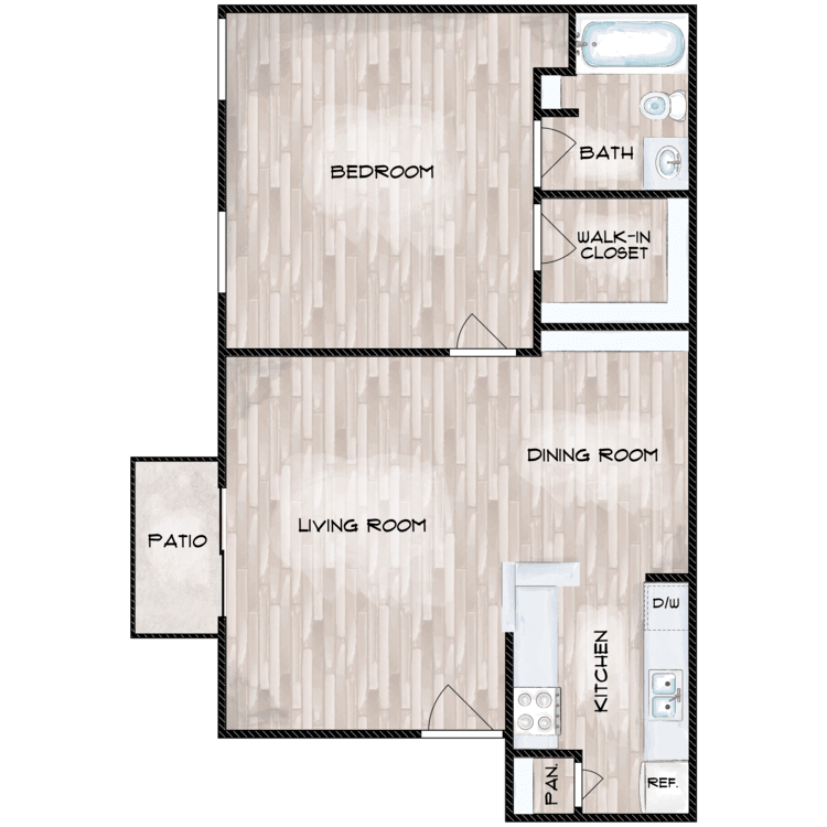 1 Bed 1 Bath B floorplan layout