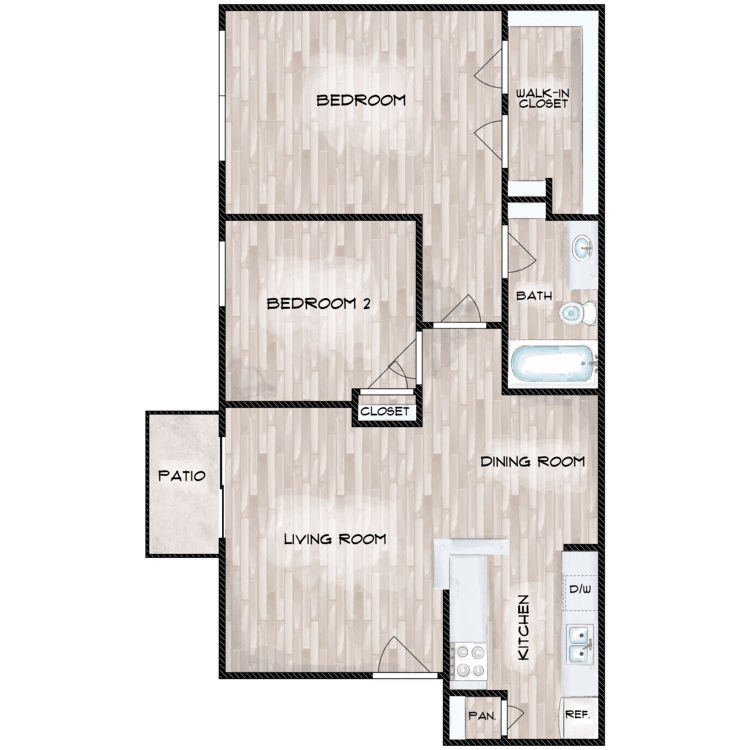 2 Bed 1 Bath D floorplan layout