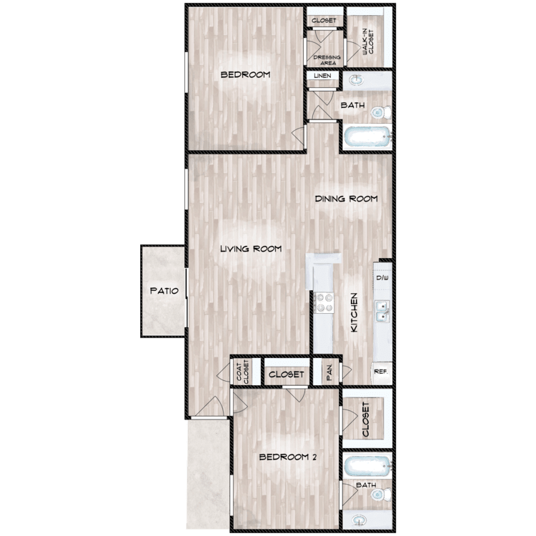 2 Bed 2 Bath E floorplan layout