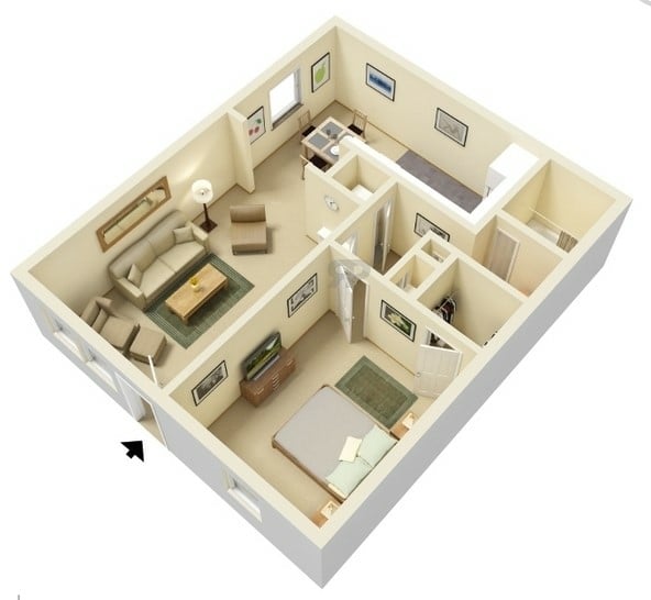 1 Bedroom, 1 Bathroom floorplan layout