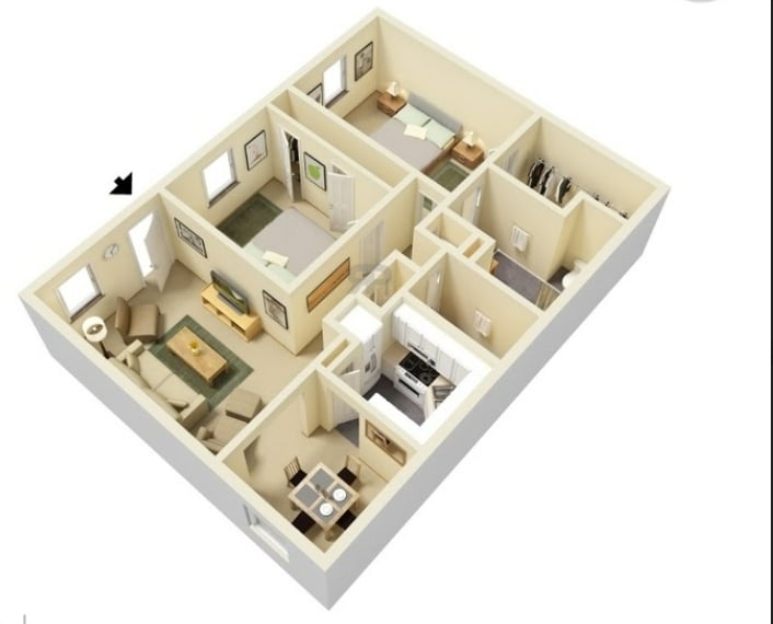 2Bedroom 1.5 Bathroom floorplan layout