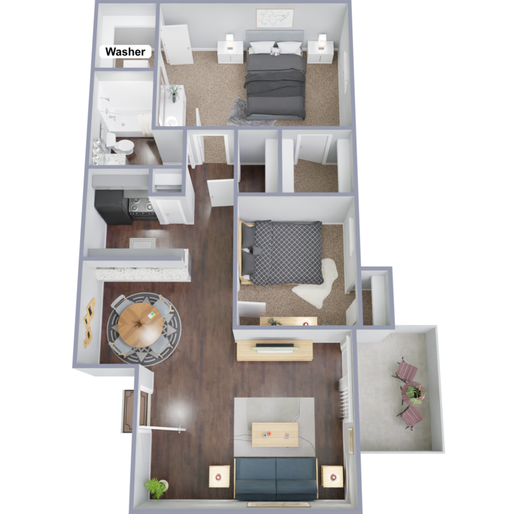 2 Bed, 1 Bath Washer/Dryer floorplan layout