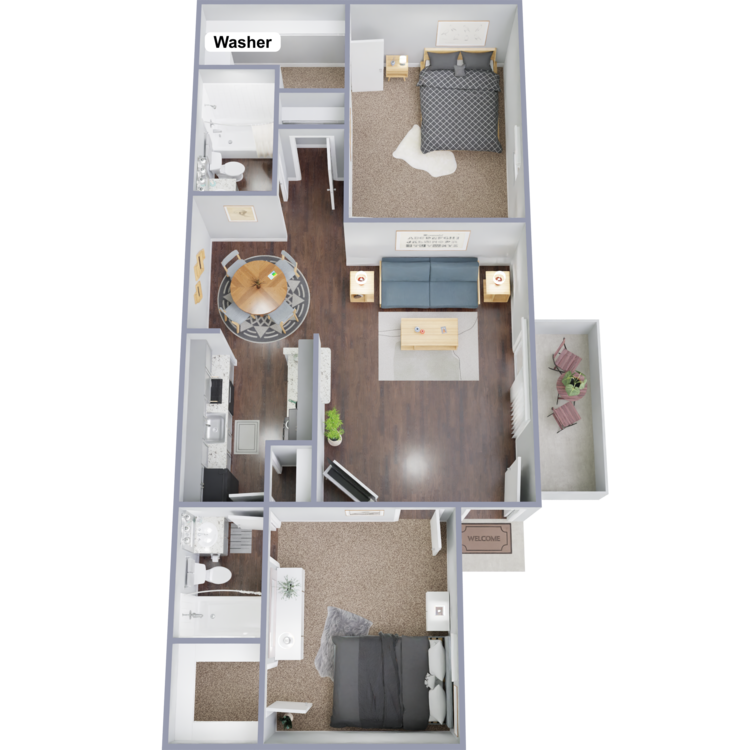 2 Bed, 2 Bath Washer/Dryer floorplan layout
