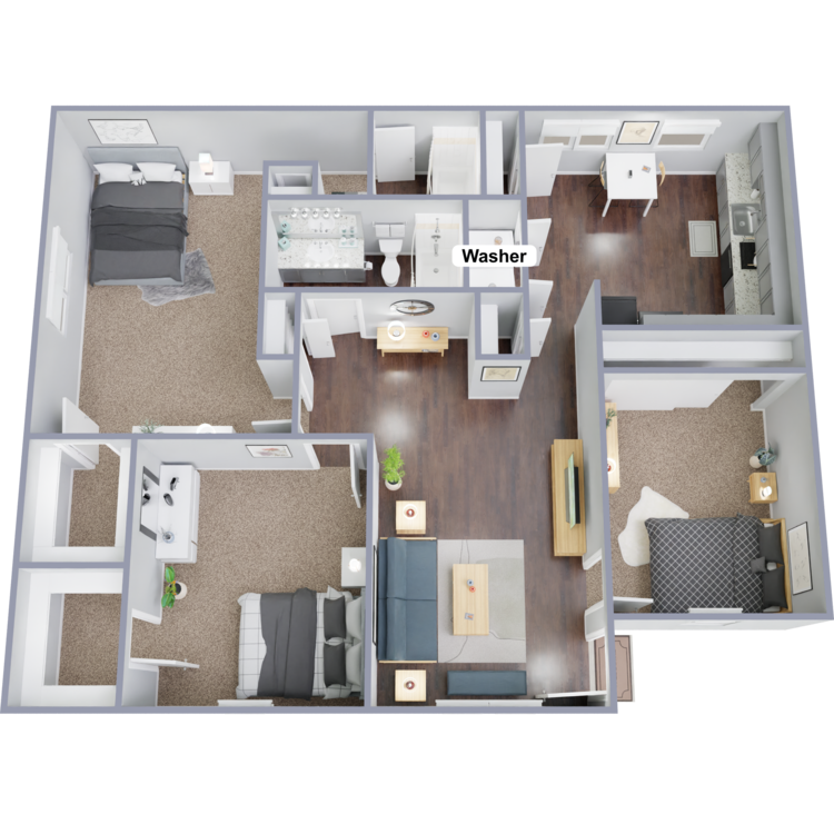 3 Bed, 2 Bath Washer/Dryer floorplan layout