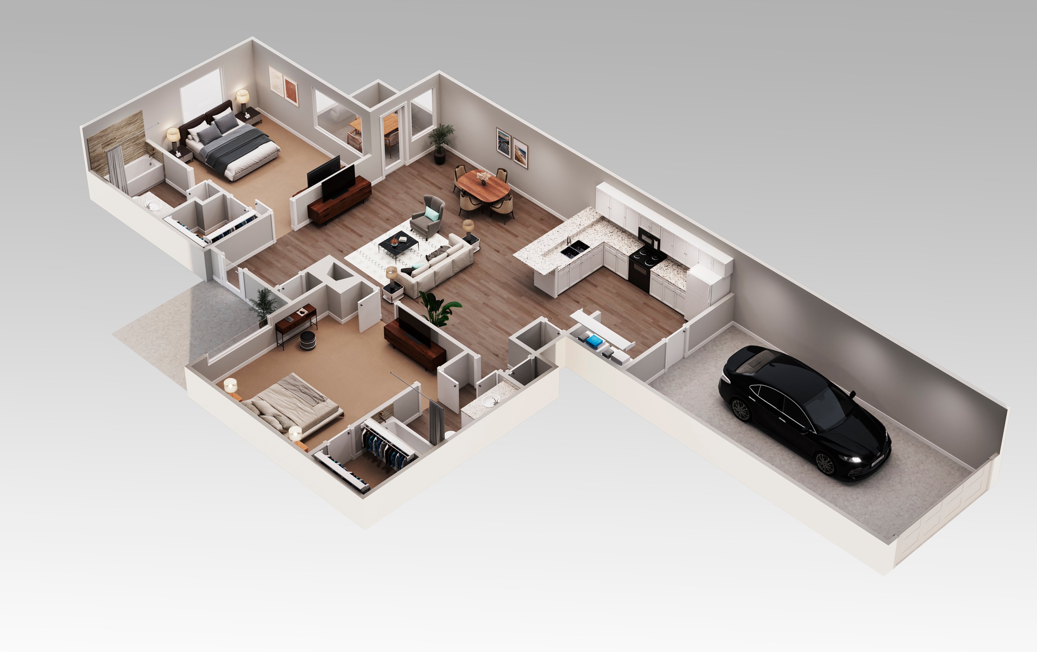 2 bedroom, 2 bathroom floorplan layout