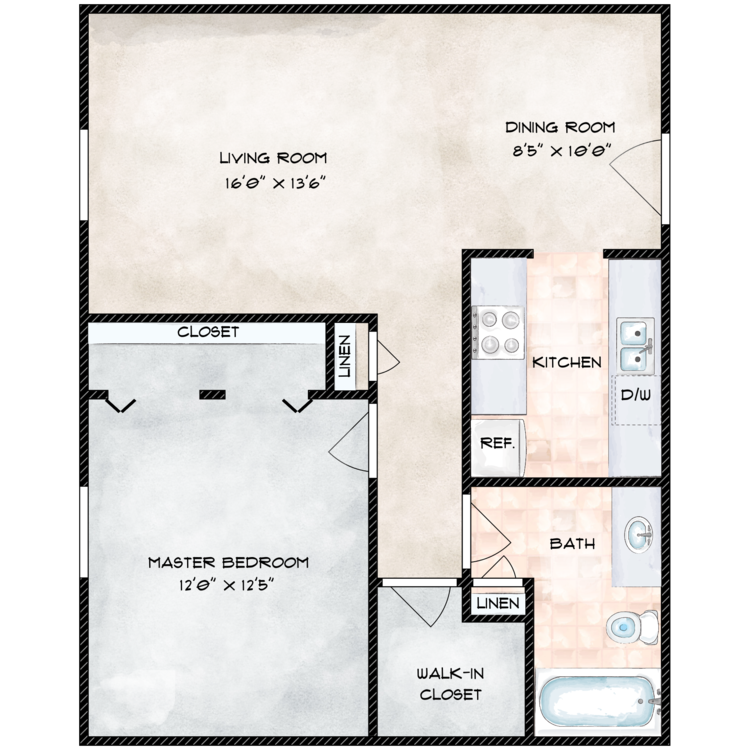 1 Bed 1 Bath C floorplan layout