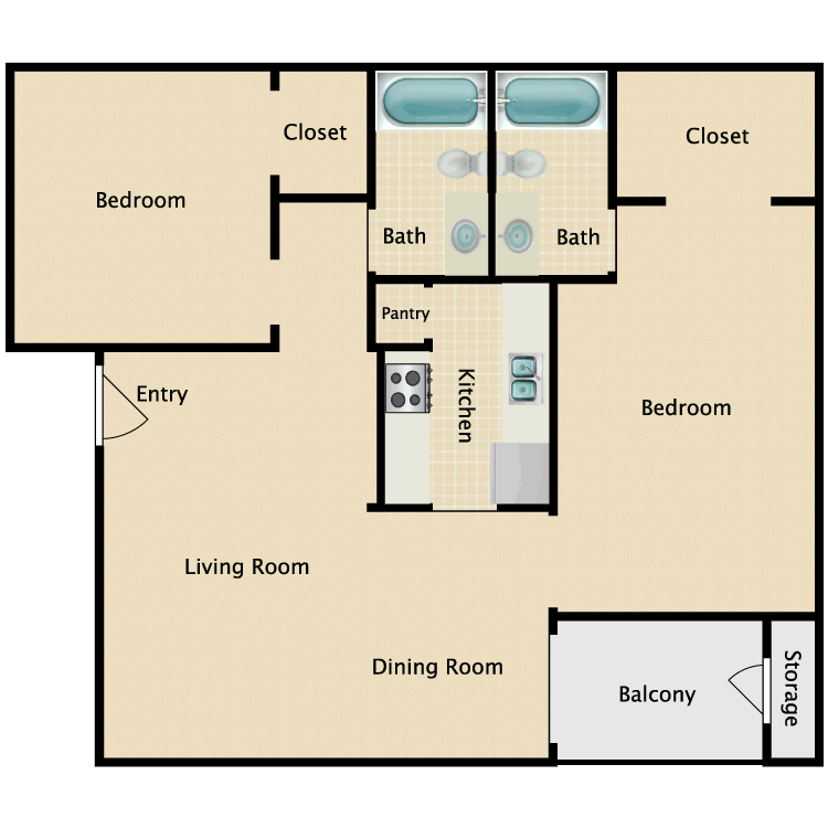 2 Bed 2 Bath B floorplan layout