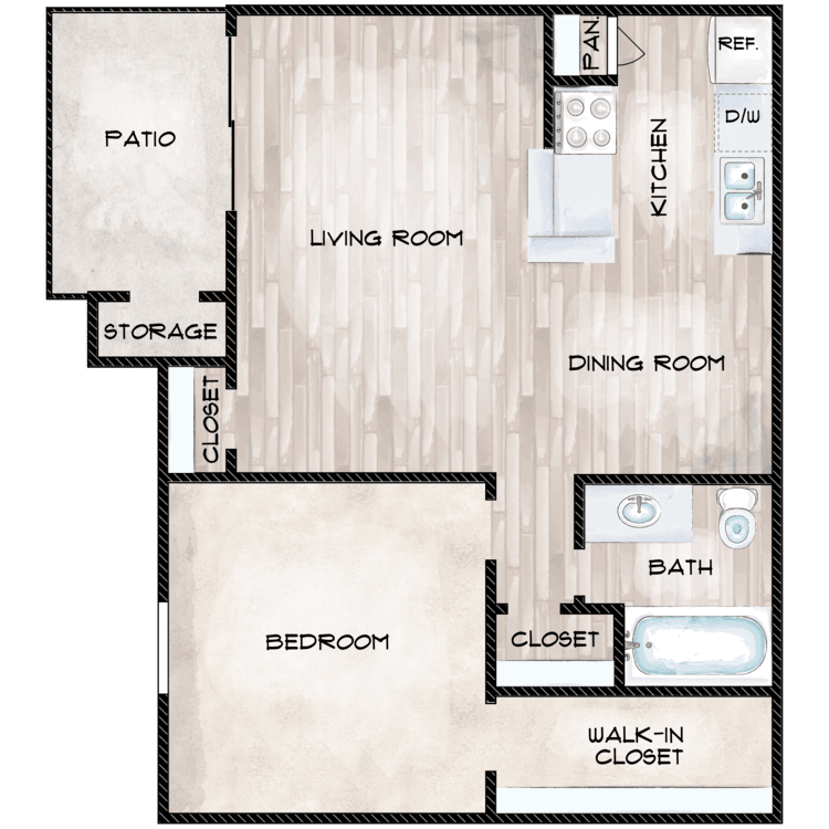 1 Bed 1 Bath floorplan layout