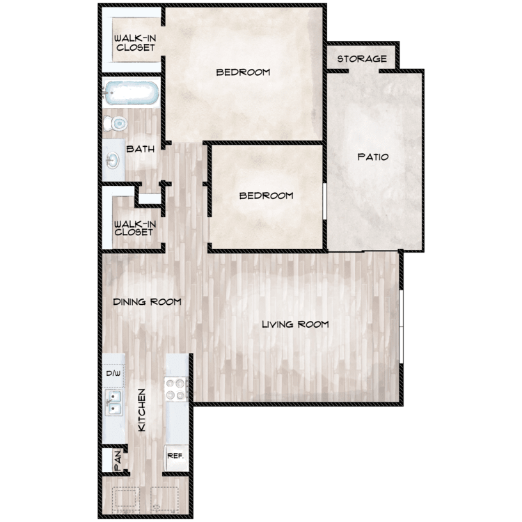 2 Bed 1 Bath floorplan layout