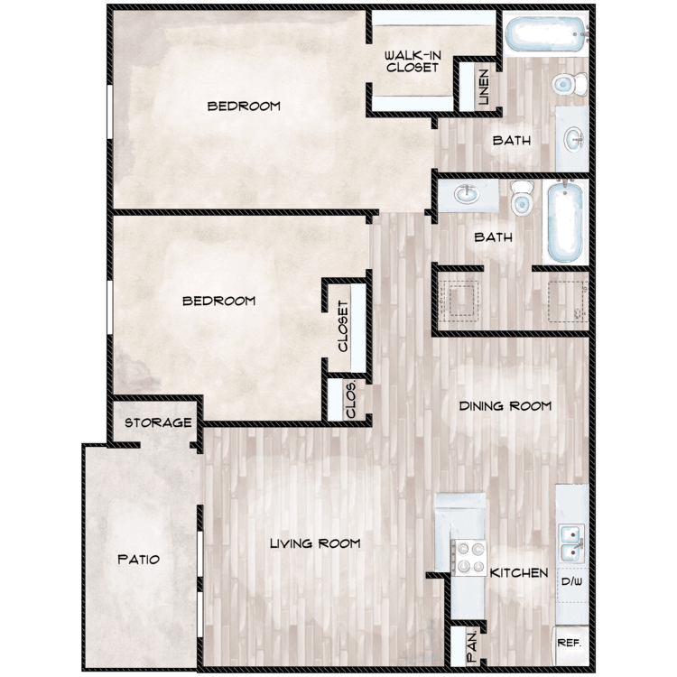2 Bed 2 Bath A floorplan layout
