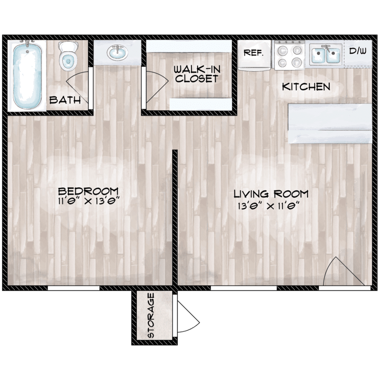 1 Bed 1 Bath A floorplan layout