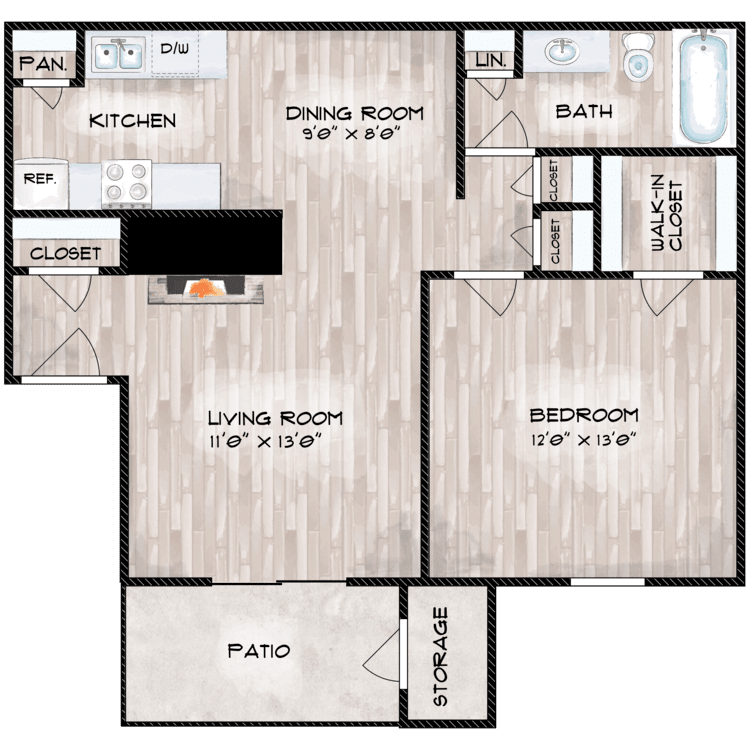 1 Bed 1 Bath B floorplan layout