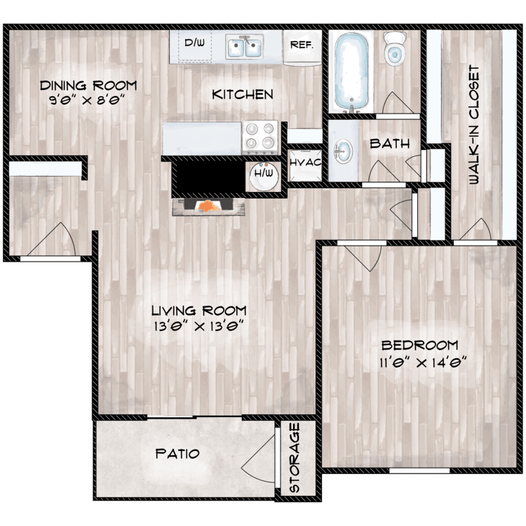 1 Bed 1 Bath C floorplan layout