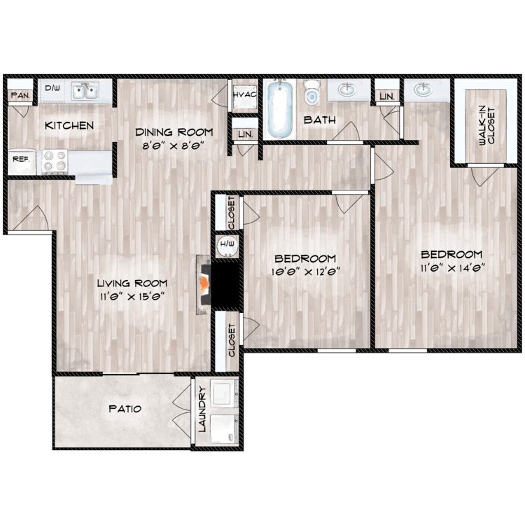 2 Bed 1 Bath D floorplan layout
