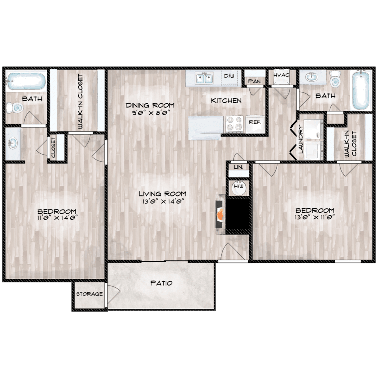 2 Bed 2 Bath E floorplan layout
