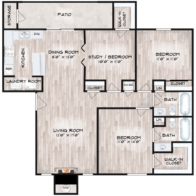 3 Bed 2 Bath F floorplan layout